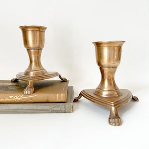 Vintage Pair Brass Clawfoot Candlesticks. Mid Century Pair Lion's Feet Triangular Brass Taper Holders. Brass Animal Paw Candle Holders.