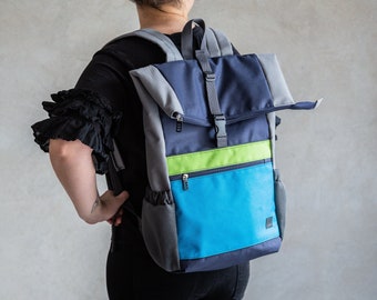 Courier backpack, laptop backpack, navy blue-grey-blue-green