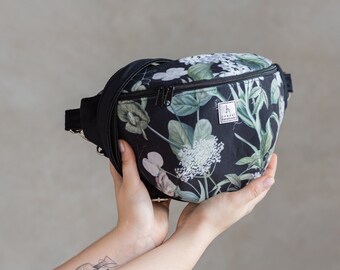 Velvet fanny pack, hip bag with floral motive