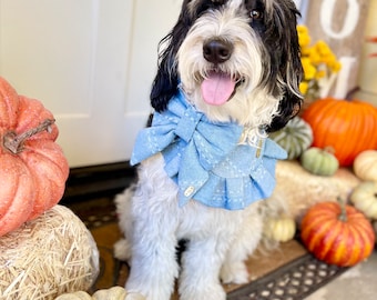 Wren | slip on collar sailor bow, dog accessories, blue sailor dog bow, girly sailor dog bow, denim dog sailor bow, fall dog accessories