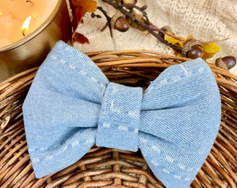 Wren | slip on collar bow tie, fall collar bow, blue bow tie, dog accessories, denim bow tie, cute bow tie, boy dog accessories