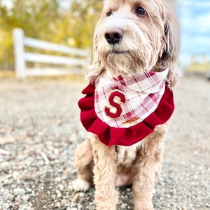 Letter to Santa | snap closure dog bandana, Christmas dog bandana, holiday dog bandana, plaid dog bandana, monogram dog bandana, ruffle trim