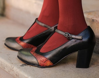 Handmade T Strap Mary Janes | Leather Shoes Women | Red & Black Mary Janes | Round Toe T-Strap Shoes | Tricolor Block Heel Mary Janes