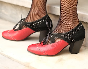 Handmade Mary Janes | Red-Black Mary Janes Heels | 2 Inch Women Shoes  | Flamenco Inspired Shoes