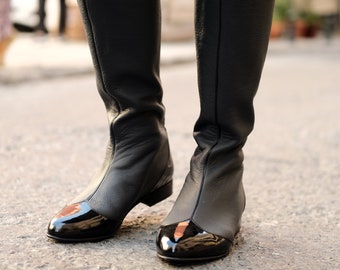 Black Knee High Flat Boots | Leather Handmade Boots | Navy-Black Genuine Leather Boots | Bicolor Flat Boots | Custom Knee High Boots