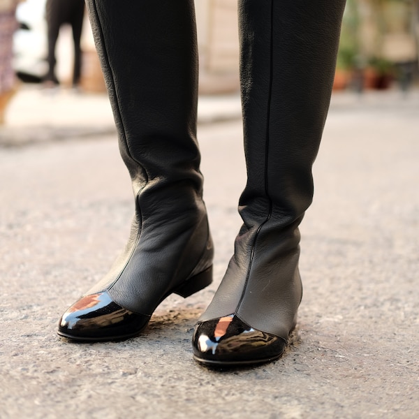 Black Knee High Flat Boots | Leather Handmade Boots | Navy-Black Genuine Leather Boots | Bicolor Flat Boots | Custom Knee High Boots