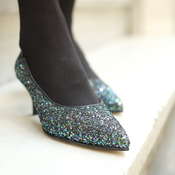 Handmade Womens Shoes | Kitten Heel Pumps | Pin Toe Kitten Heel Pumps | Glitter Shoes | Gifts for her