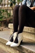 Off White Heeled Boots | Handmade Patent Boots | Stylish Booties | Womens Tie Up Ankle Boots Size 10 | 2 Inch Bridal Block Heels