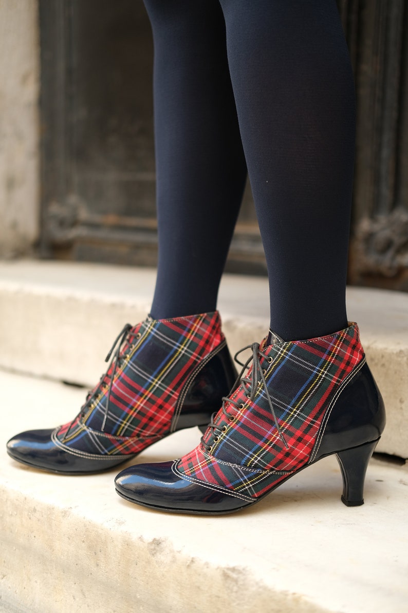 Handmade Lace Up Ankle Boot High Heel Tartan Booties Custom Made Boots Checked Boots 2.75inch Heels image 6