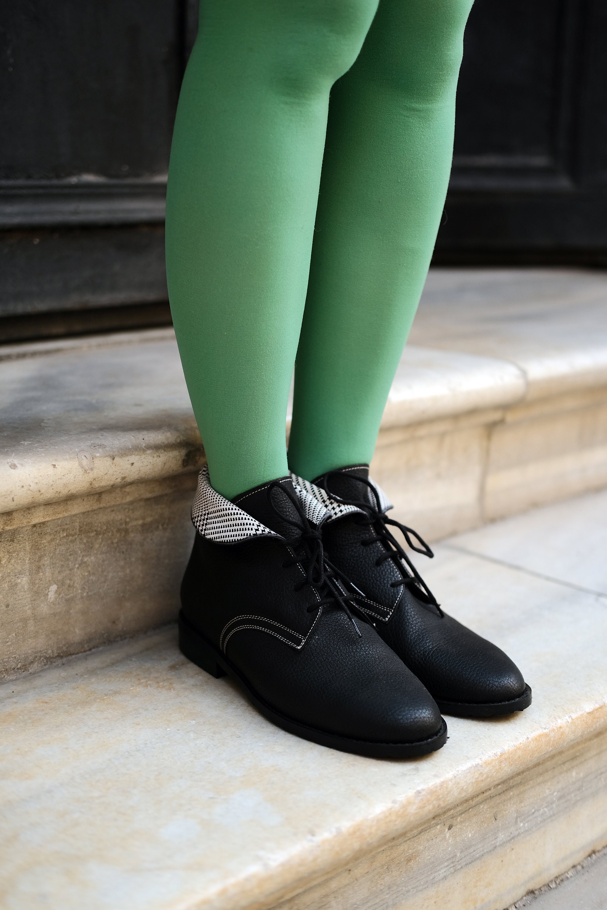 Black Flat Boots Genuine Leather Boots with a folding collar Handmade Tie Up Boots with Collar Detail