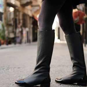 Black Knee High Flat Boots Leather Handmade Boots Navy-black Genuine ...