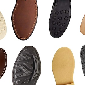 Puede incluir: Una colección de ocho suelas de zapatos diferentes, que muestran diversas texturas y materiales. Las suelas son de varios colores, incluyendo marrón, negro y beige. Algunas de las suelas tienen una superficie lisa, mientras que otras tienen una superficie texturizada.