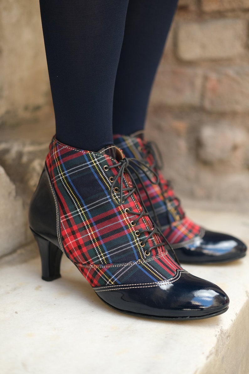 Handmade Lace Up Ankle Boot High Heel Tartan Booties Custom Made Boots Checked Boots 2.75inch Heels image 1