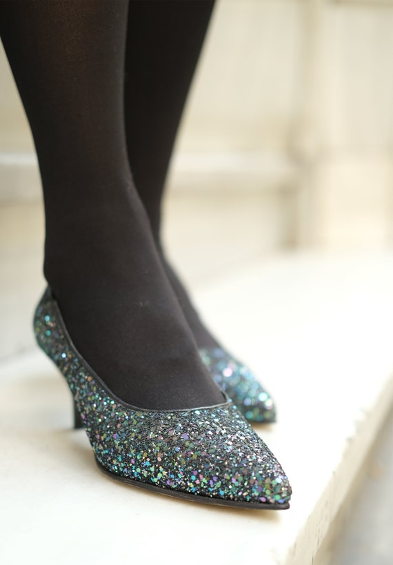 Black glitter kitten heel shoes sale