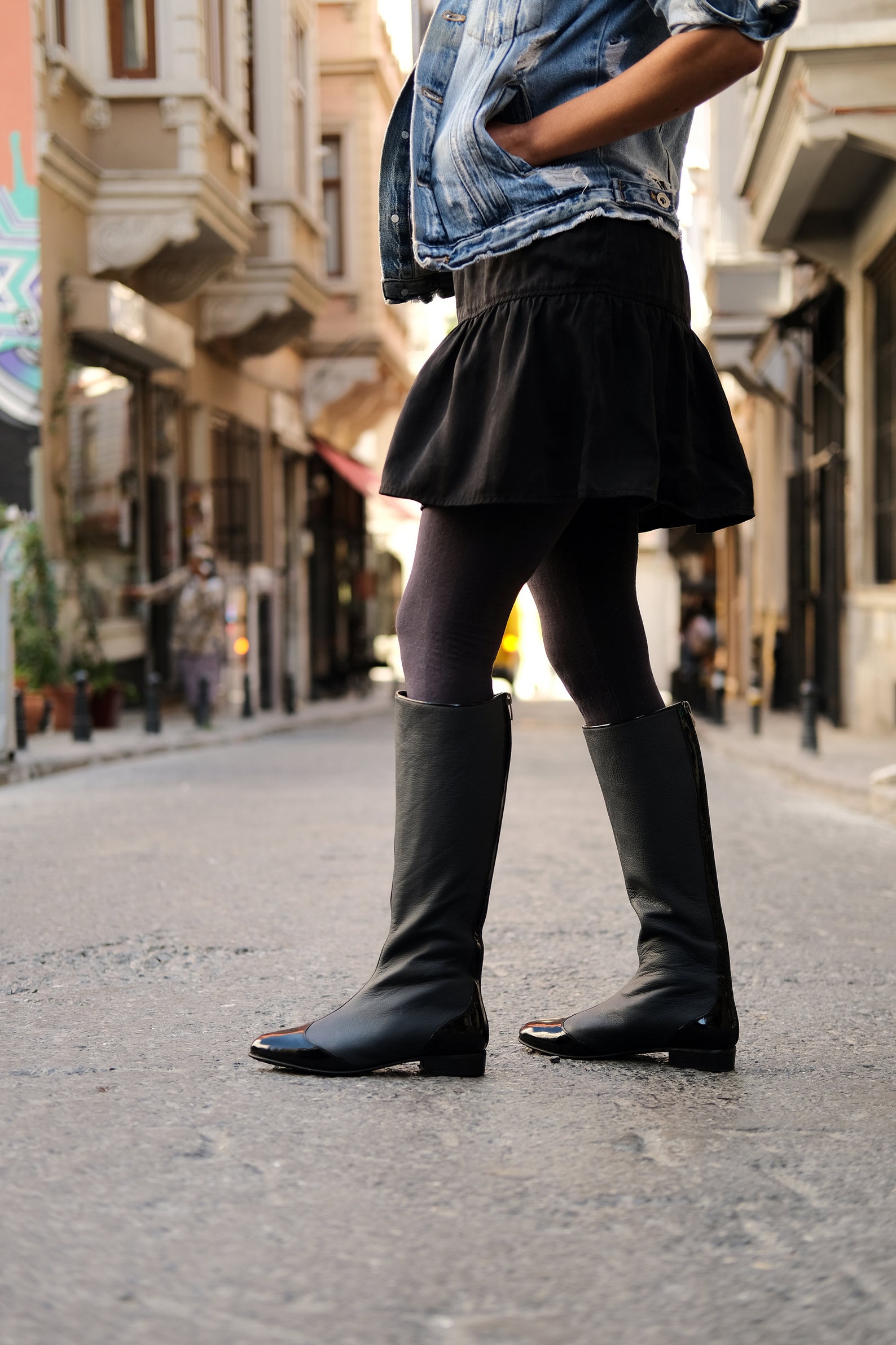 flat black leather knee high boots