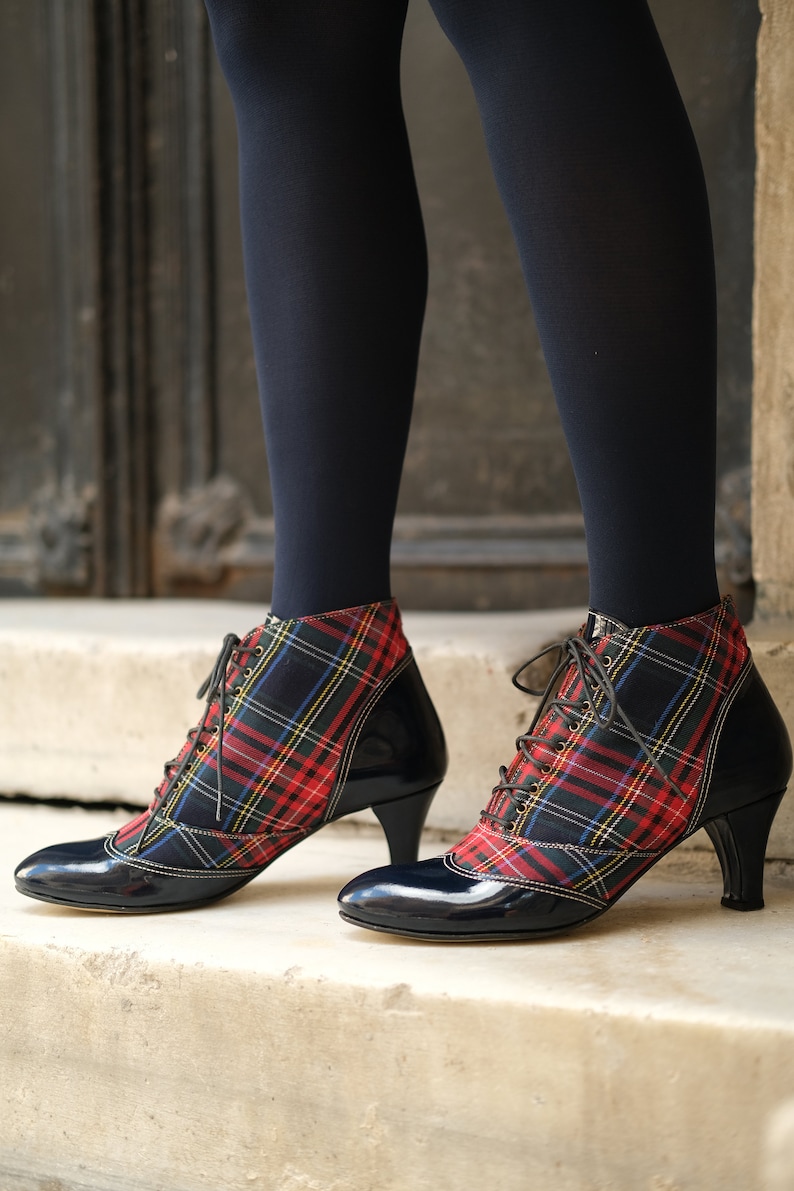 Handmade Lace Up Ankle Boot High Heel Tartan Booties Custom Made Boots Checked Boots 2.75inch Heels image 3