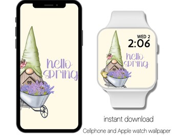 Hello Spring Gnome Apple Watch and Cellphone Wallpaper, Smartwatch, iPhone Wallpaper, Background Wallpaper, Instant download