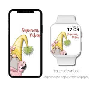 Summer Vibes Gnome Apple Watch and Cellphone Wallpaper, Smartwatch, iPhone Wallpaper, Background Wallpaper, Instant download