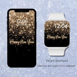 May include: A digital phone and smartwatch wallpaper with a black background and gold glitter. The text "Happy New Year" is written in gold on both screens.