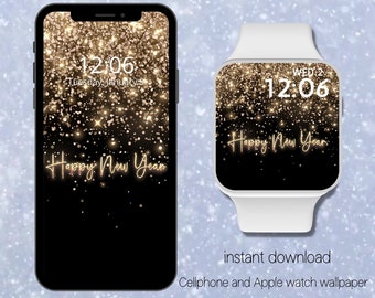 Apple Watch Wallpaper Happy New Year,Smartwatch Background,Digital Watch Face, 2025 New Year gold cellphone Wallpaper, glitter Aesthetic
