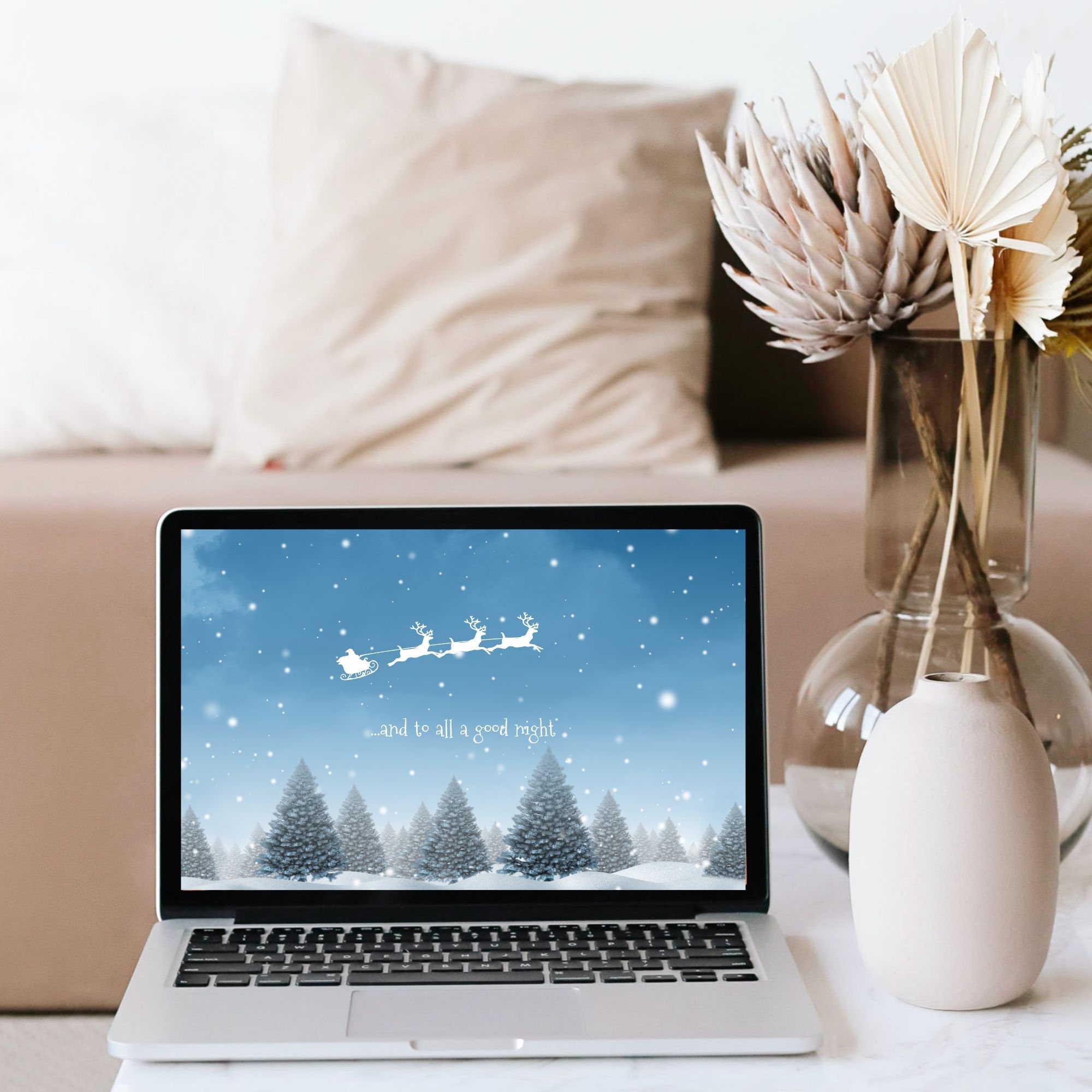 Santa and Reindeer Desktop Wallpaper Christmas Watercolor Background