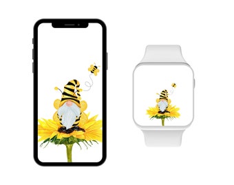 Apple Watch Spring Bee Gnome Sunflower Wallpaper,  Cell Phone Wallpaper, Smartwatch Wallpaper, iPhone Wallpaper, Background Wallpaper