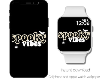 May include: A black smartphone and a white smartwatch display a Halloween-themed wallpaper. The wallpaper features the words "spooky vibes" in a playful font, with spider and bat graphics. The image also includes the text "instant download" and "Cellphone and Apple watch wallpaper."