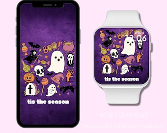 May include: A purple Halloween-themed wallpaper design displayed on a smartphone and a smartwatch. The design features various spooky illustrations, including ghosts, pumpkins, and the text "BOO!" and "tis the season."
