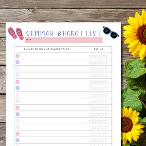May include: A printable summer bucket list with a pink and blue color scheme. The list includes a space to write the year, a section for things to do and places to go, and a rating section with five stars.