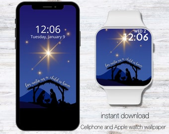 For unto us a child is born  Nativity Apple Watch Wallpaper,Christmas ,Apple Watch Face,Iphone Background,Blue Aesthetic,Cellphone Wallpaper