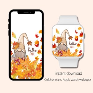 May include: A smartphone and a smartwatch display a "Hello Fall" wallpaper. The design features a gnome with a long hat, surrounded by autumn leaves and apples. The color palette includes shades of orange, brown, and beige, creating a seasonal theme.