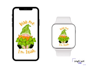 Kiss Me I'm Irish St Patrick's Day Gnome Wallpaper, Gnome Cell Phone Wallpaper, Smartwatch Wallpaper, iPhone Wallpaper, Background Wallpaper