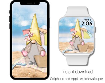 Summer Beach Vibes Gnome Apple Watch and Cellphone Wallpaper, Smartwatch, iPhone Wallpaper, Background Wallpaper, Instant download