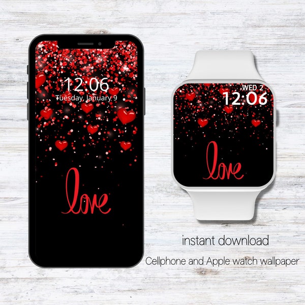 Apple Watch Wallpaper | Smartwatch Background | Digital Watch Face | Valentines Red Hearts Wallpaper | Glitter Aesthetic | Red Aesthetic