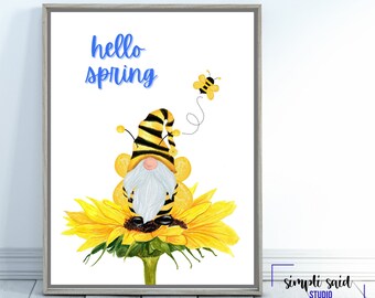 Hello Spring Gnome Printable Art | Hello Spring Wall Decor | Digital Art Printable | Instant Download Printable Art