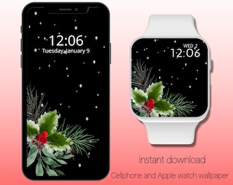 Watercolor Holly Apple Watch Wallpaper | Christmas Wallpaper | Merry Christmas  | Iphone wallpaper | Christmas Watch Face | Happy Holidays