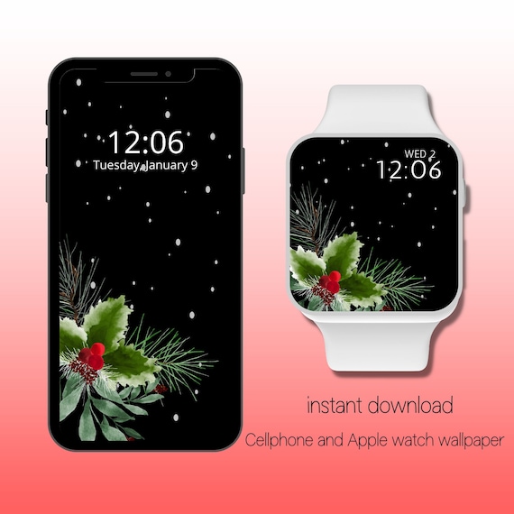 Watercolor Holly Apple Watch Wallpaper | Christmas Wallpaper | Merry Christmas  | Iphone wallpaper | Christmas Watch Face | Happy Holidays