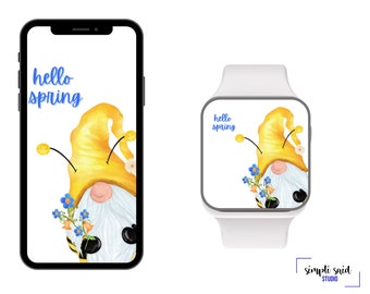 Hello Spring Gnome Wallpaper,  Cell Phone Wallpaper, Smartwatch Wallpaper, iPhone Wallpaper, Background Wallpaper