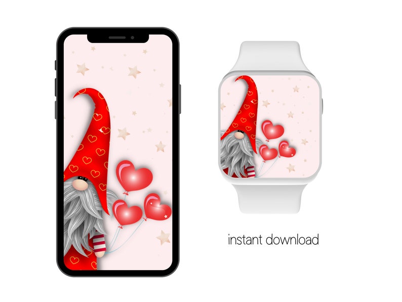 Peut inclure: Illustration num&eacute;rique d'un gnome avec un chapeau rouge et une longue barbe blanche, tenant des ballons rouges en forme de c&oelig;ur. Le gnome est affich&eacute; sur un &eacute;cran de smartphone et de montre connect&eacute;e, avec un fond rose clair et des &eacute;toiles.