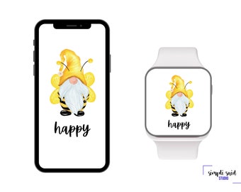 Bee Happy Gnome Apple Watch Wallpaper,  Cell Phone Wallpaper, Smartwatch Wallpaper, iPhone Wallpaper, Background Wallpaper