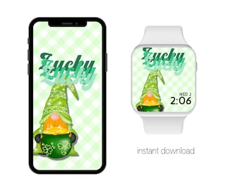 St Patrick's Day Lucky Gnome Apple Watch and Cellphone Wallpaper, Smartwatch, iPhone Wallpaper, Background Wallpaper
