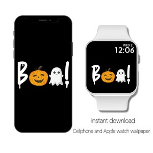 Boo!  Cute Jack O Lantern and Ghost | Spooky Season | Apple Watch Wallpaper | Halloween Cellphone Wallpaper |