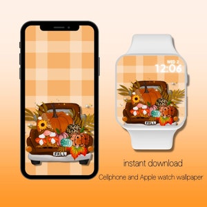 May include: A digital wallpaper design featuring a brown truck filled with pumpkins, sunflowers, and fall foliage. The design is displayed on a smartphone and a white Apple Watch. The background is a plaid pattern in orange and white. The text "FALL" is visible.
