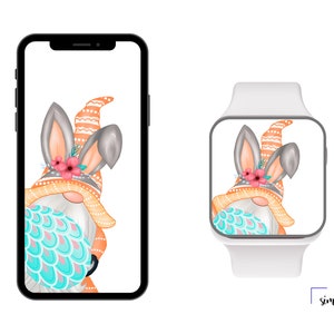 Puede incluir: Ilustración digital de un gnomo de Pascua con orejas de conejo, mostrada en un teléfono inteligente y un reloj inteligente. El gnomo lleva un sombrero naranja estampado, orejas de conejo grises y una barba turquesa. Flores rosas adornan el sombrero. Imagen de Simpli Said Studio.
