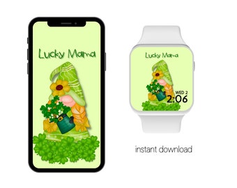 St Patrick's Day Lucky Mama Gnome Apple Watch and Cellphone Wallpaper, Smartwatch, iPhone Wallpaper, Background Wallpaper