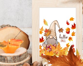 Gnome Printable  | Hello Fall Gnome Wall Decor | Digital Art Printable | Instant Download Printable Art