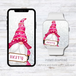 Könnte beinhalten: Ein digitales Wallpaper-Design mit einem Zwerg mit rosa Hut und weißem Bart, der ein Schild mit der Aufschrift „merry“ hält. Das Design wird auf einem Smartphone und einer Smartwatch mit glitzerndem Hintergrund angezeigt. Der Text „instant download“ und „Cellphone and Apple watch wallpaper“ sind ebenfalls sichtbar.