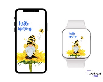 Apple Watch Hello Spring Gnome Sunflower Wallpaper,  Cell Phone Wallpaper, Smartwatch Wallpaper, iPhone Wallpaper, Background Wallpaper