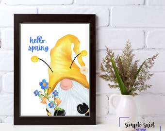 Hello Spring Gnome Printable Art | Hello Spring Wall Decor | Digital Art Printable | Instant Download Printable Art