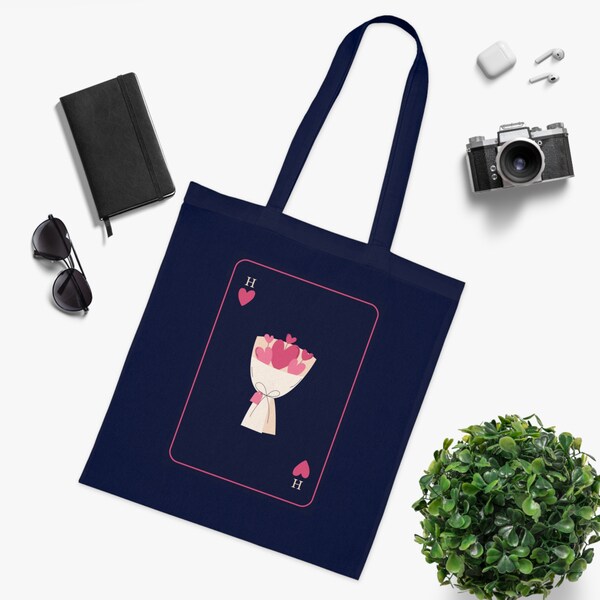 Pink Hearts Bouquet Playing Card Tote Bag | 100% Cotton | Lightweight Flower Print Handbag